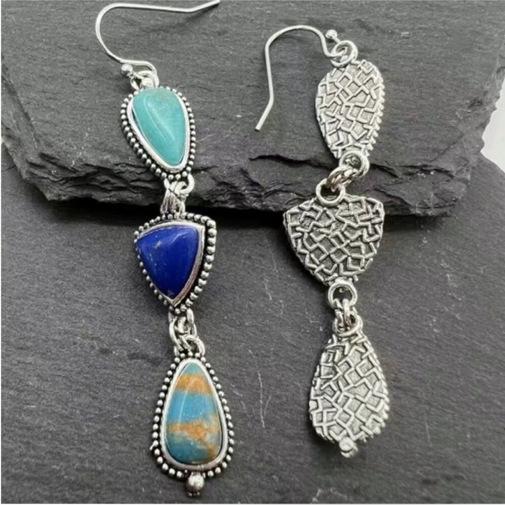 Blue Turquoise Dangle Earrings with Ornate Metalwork - Picture 4 of 6